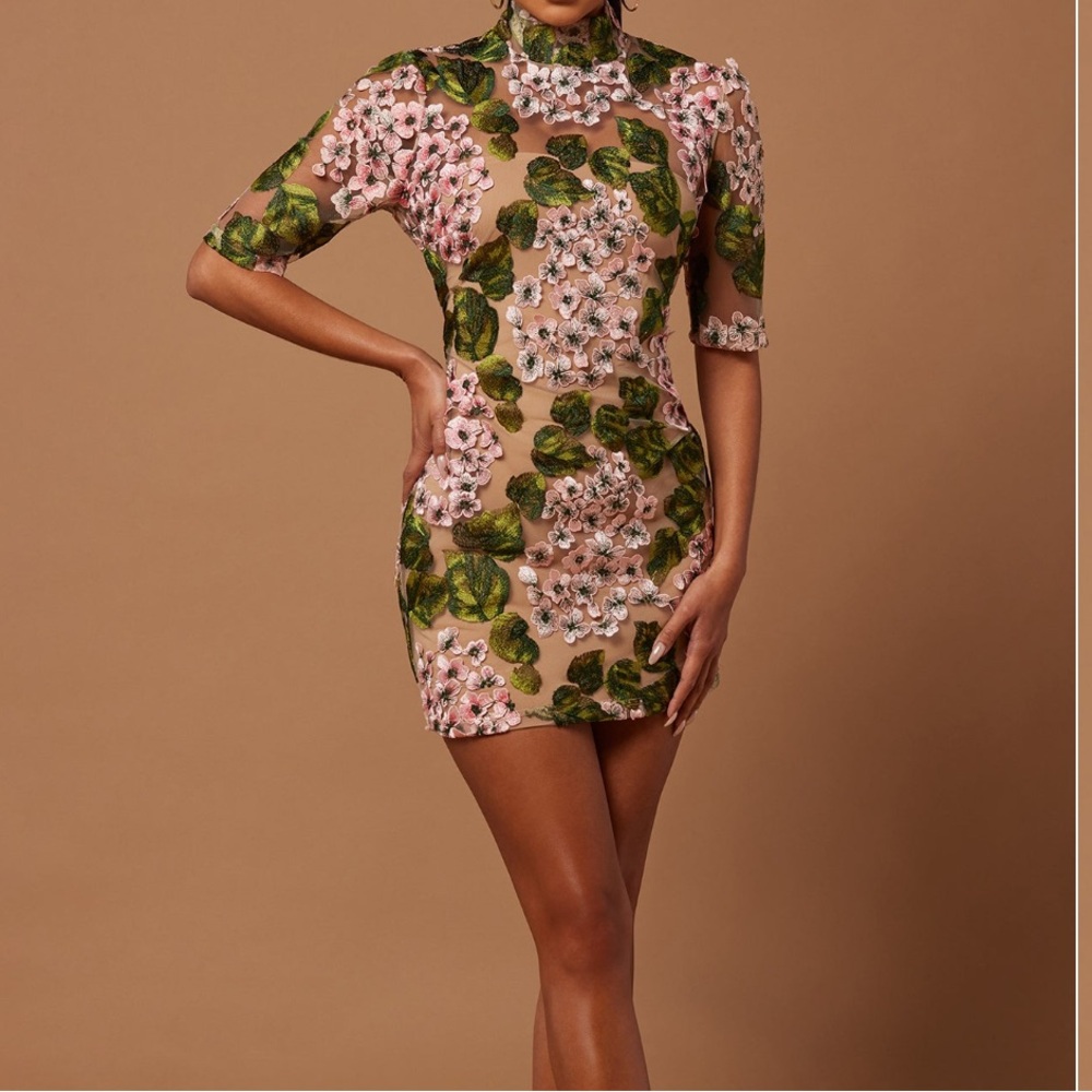 Elodie Pink and Green Embroidered Mini Dress